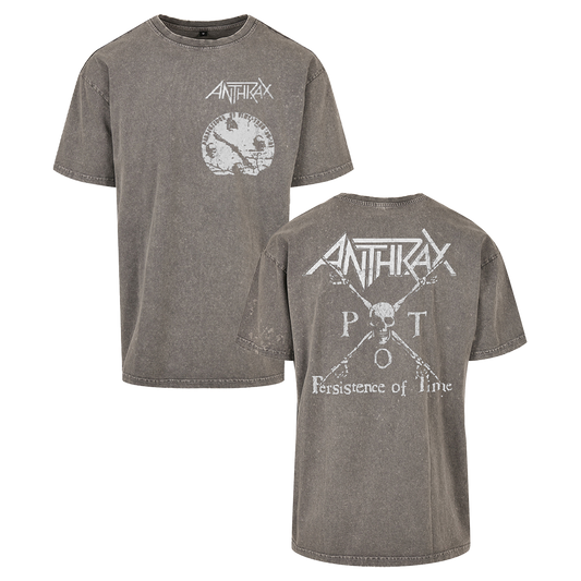 Two gray oversized t-shirts with the Anthrax logo printed on both the front and back, featuring a distressed clock design.