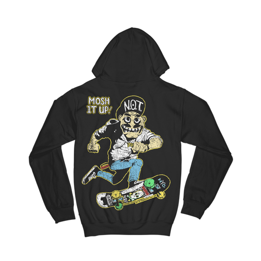 Black hoodie with a graphic print of a character skateboarding and the text 'MOSH IT UP'.