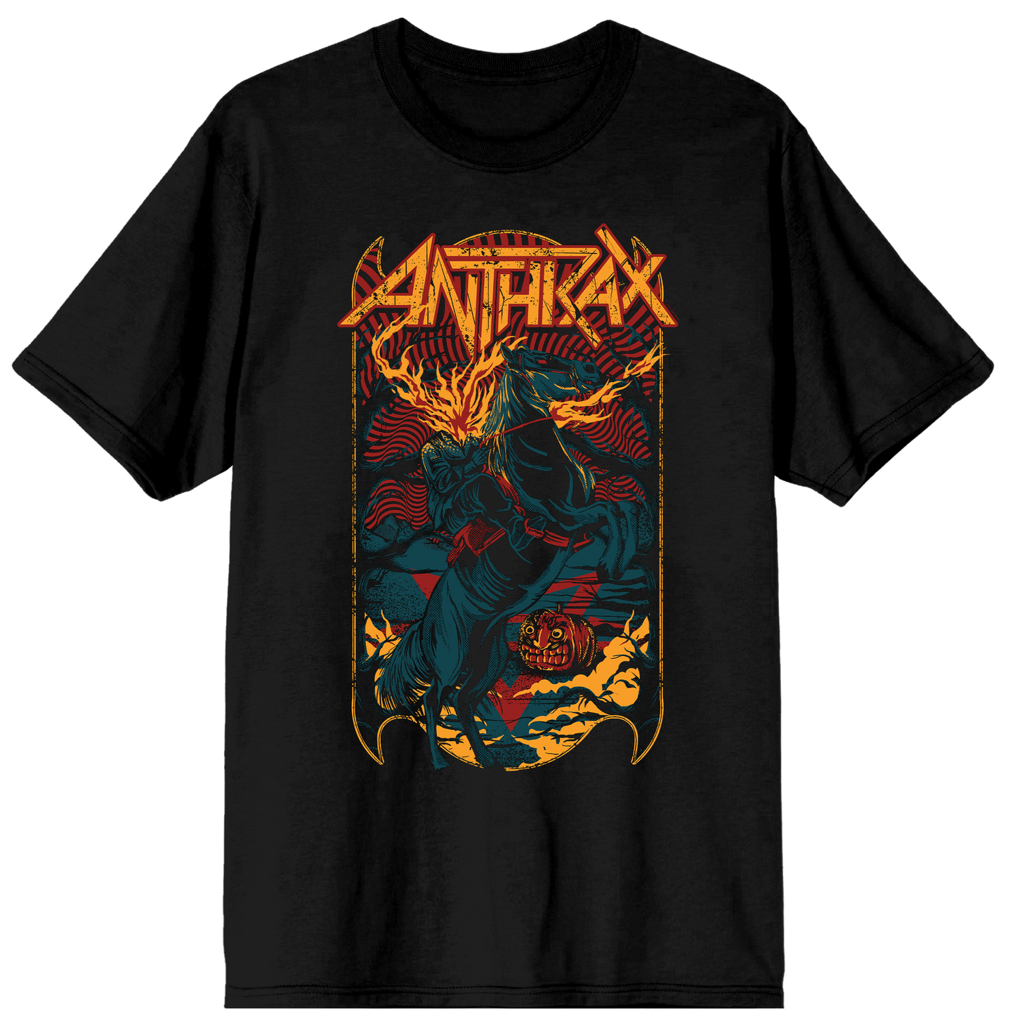Black t-shirt with colorful graphic design and 'Anthrax' logo on a white background