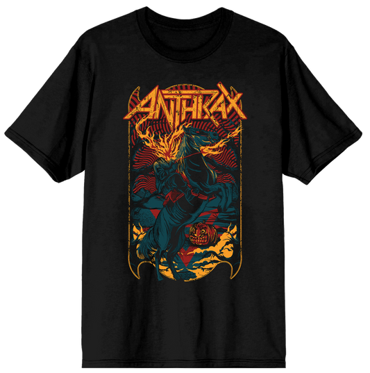 Black t-shirt with colorful graphic design and 'Anthrax' logo on a white background