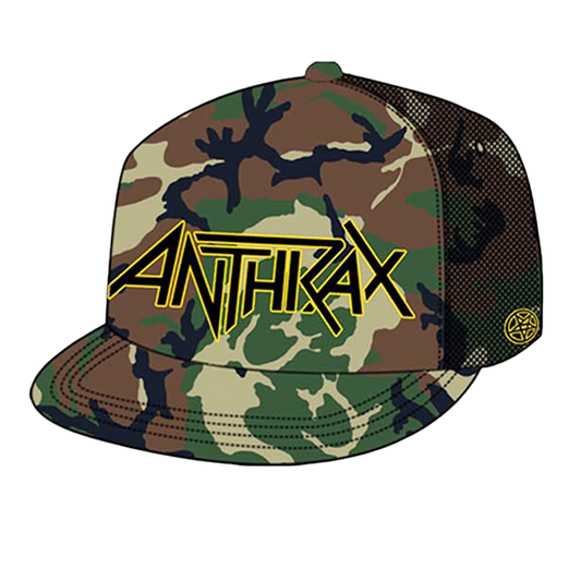 Camo trucker hat with yellow Anthrax logo on the front panel and mesh back.