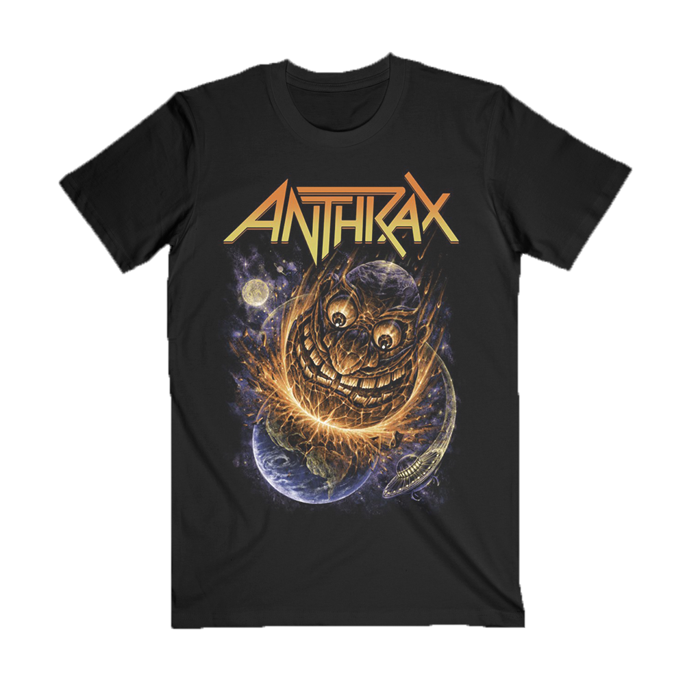 Black Anthrax T-shirt with flaming, grinning asteroid smashing into Earth in a cosmic destruction scene