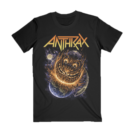 Black Anthrax T-shirt with flaming, grinning asteroid smashing into Earth in a cosmic destruction scene