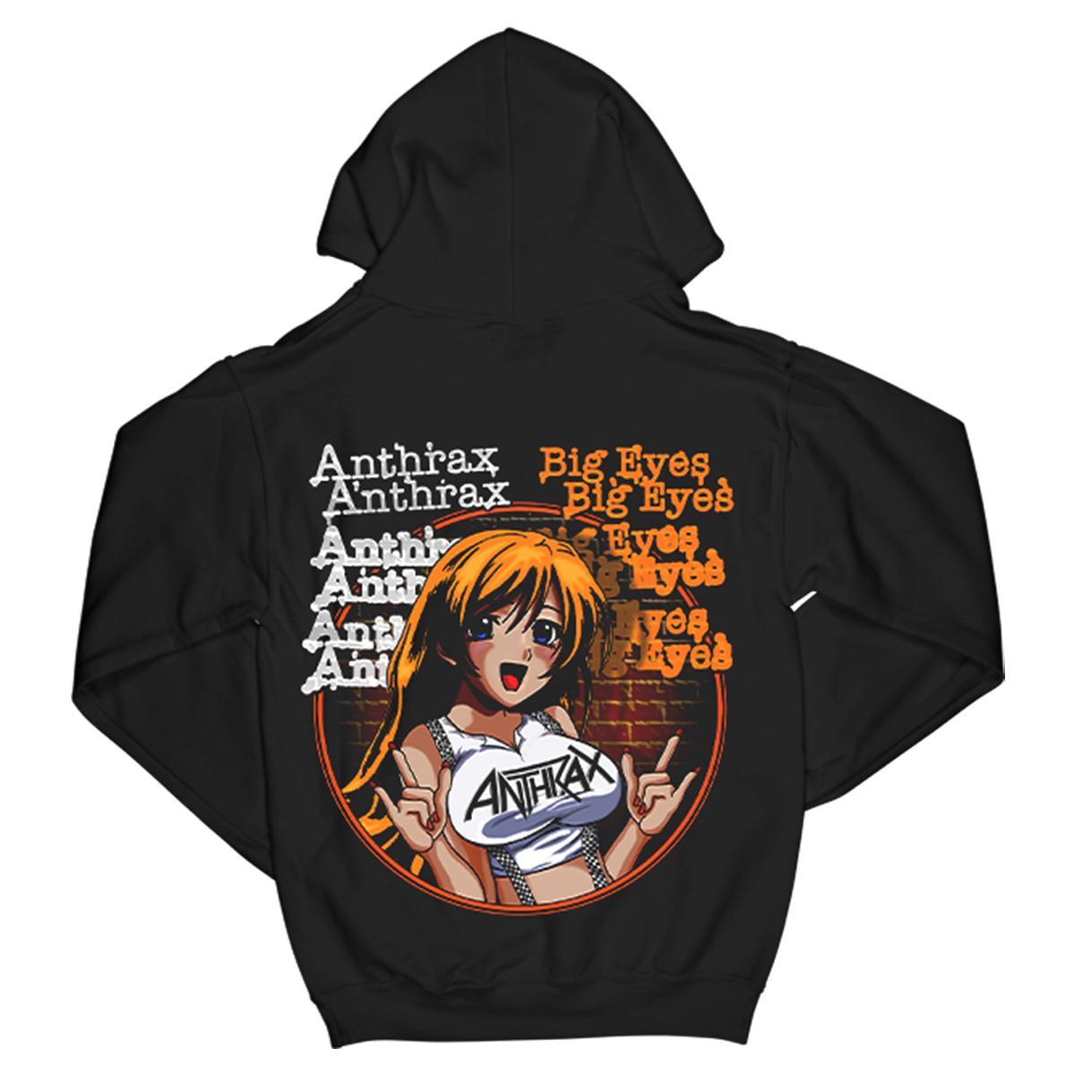 Anthrax's Big Eyes Hoodie is a black pullover hoodie that features the band's graphic artwork printed on it. 