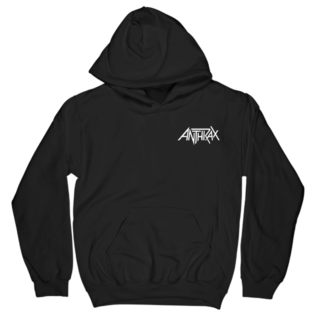 Anthrax's Big Eyes Hoodie is a black pullover hoodie that features the band's graphic artwork printed on it. 