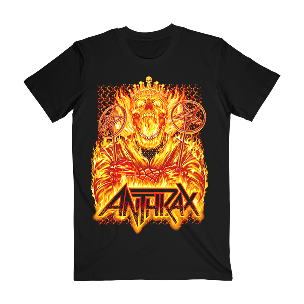 T-Shirt features a fierce skeleton engulfed in flames and Anthrax logo. 