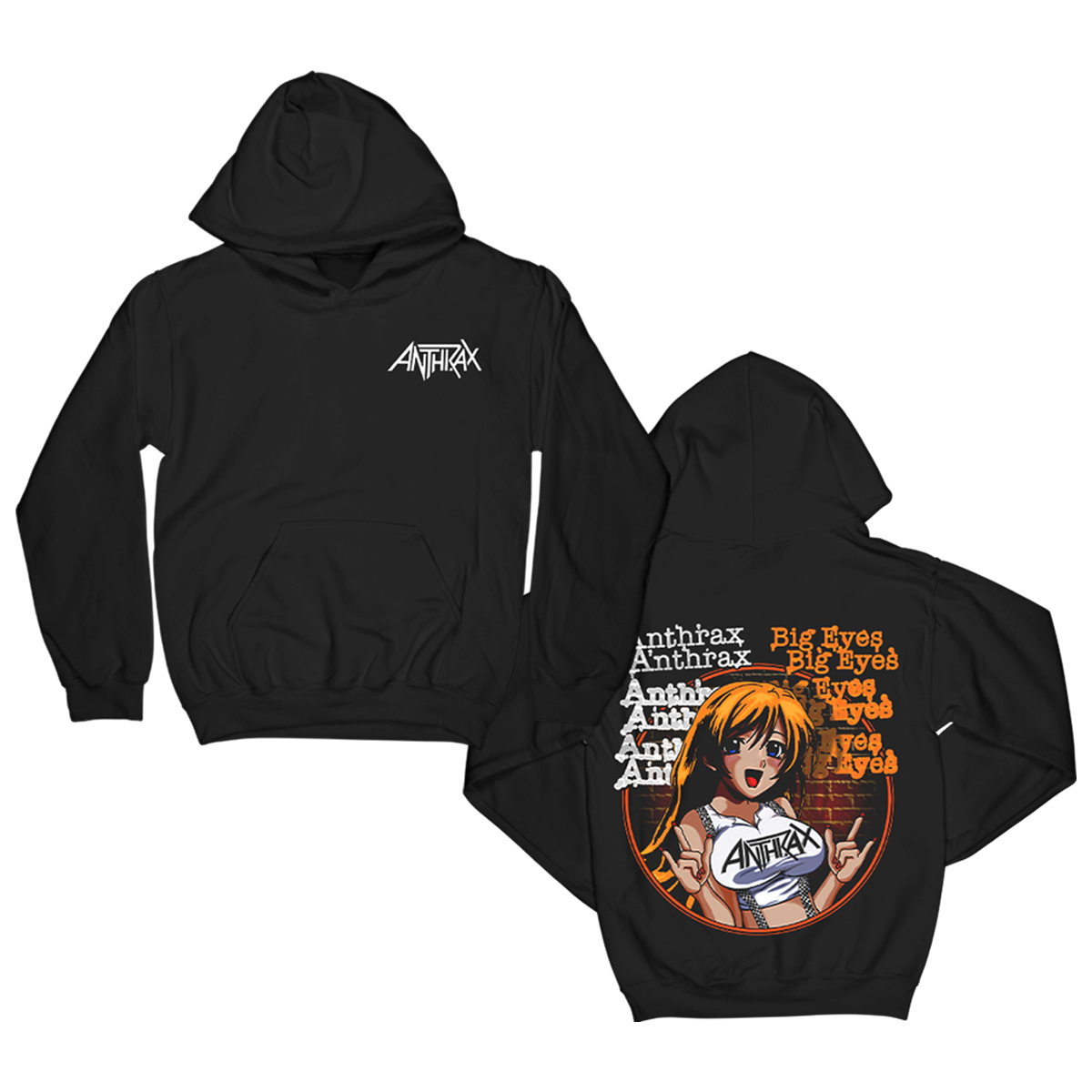 Anthrax's Big Eyes Hoodie is a black pullover hoodie that features the band's graphic artwork printed on it. 