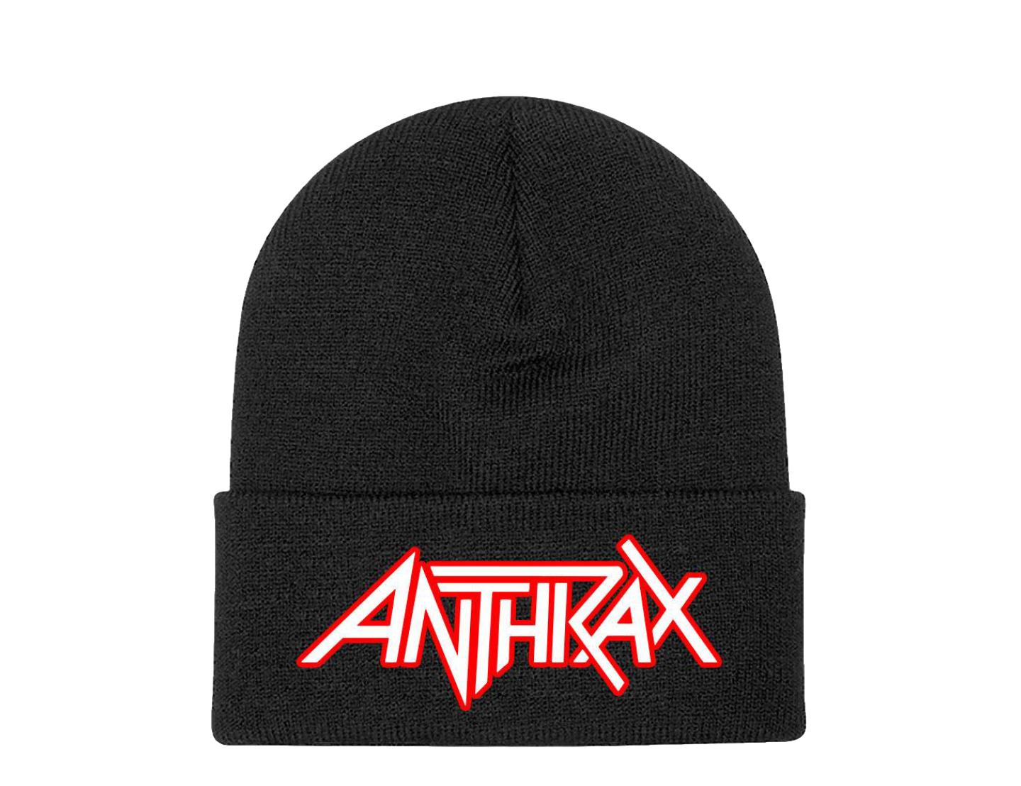 This classic black beanie features the iconic Anthrax logo embroidered in red and white thread, making it a standout accessory for fans. 