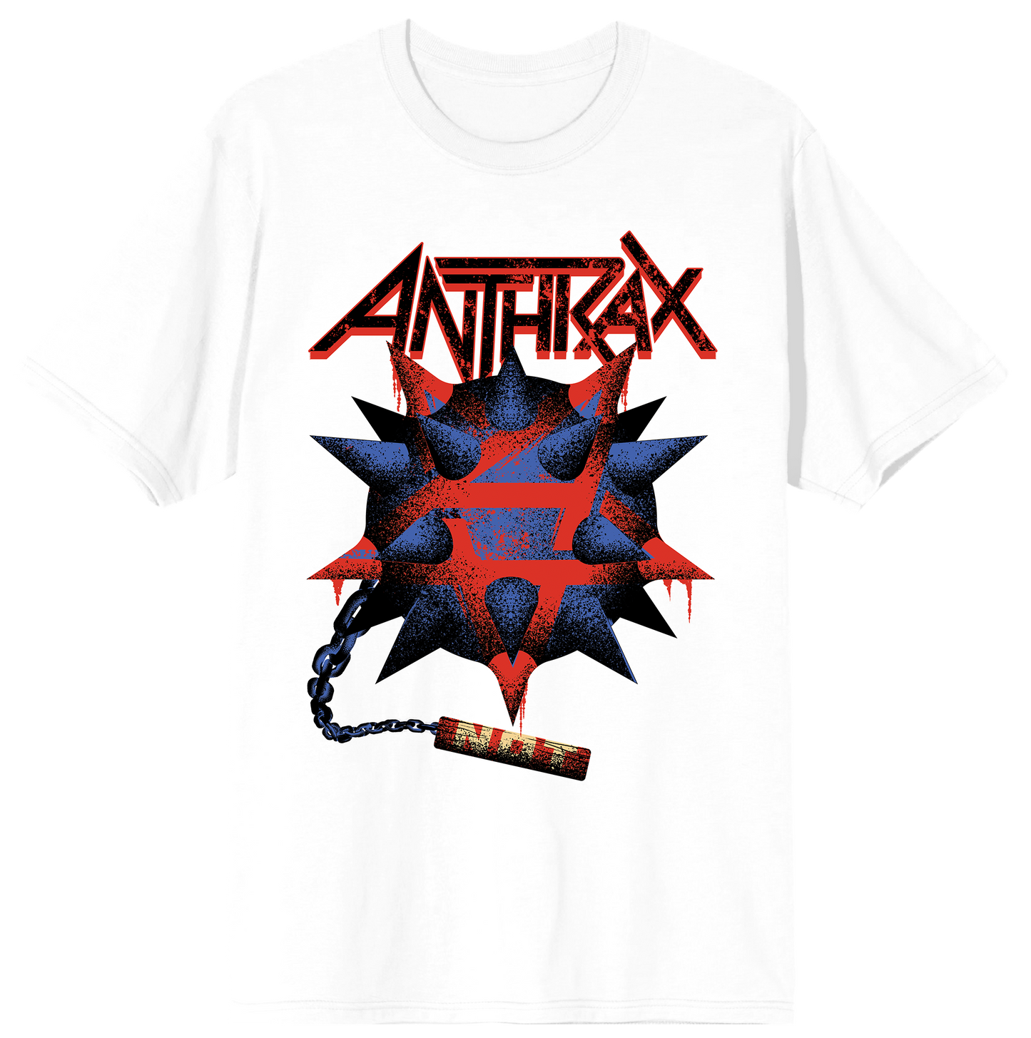 White Anthrax T-shirt featuring a spiked blue and red mace with chain and dripping red logo.