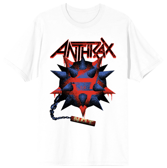 White Anthrax T-shirt featuring a spiked blue and red mace with chain and dripping red logo.