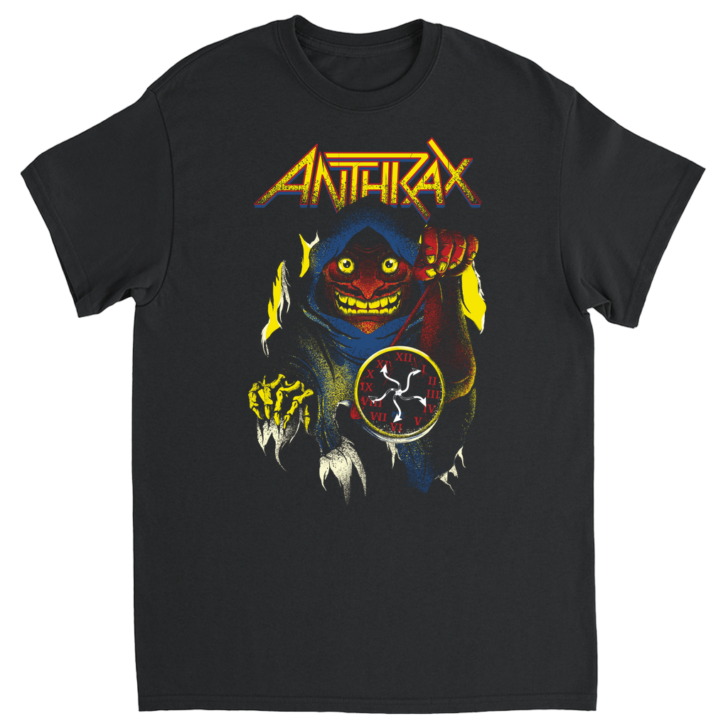 Black t-shirt with Anthrax band logo and creature graphic on a white background