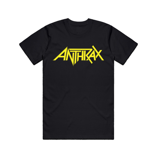 Black t-shirt featuring the iconic Anthrax band logo in bold yellow lettering across the chest.