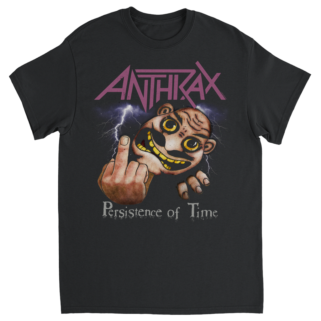 Black t-shirt with Anthrax logo and graphic design on a white background