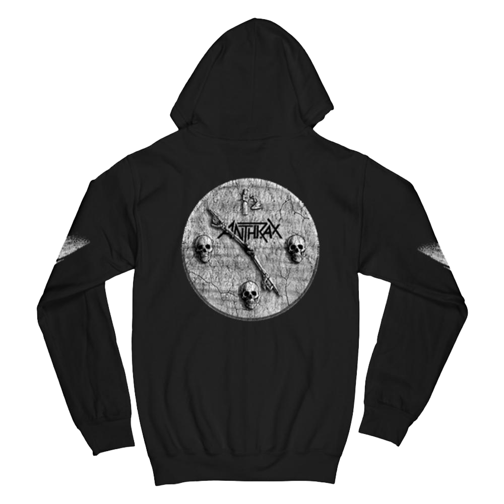 A black zip hoodie with 'Persistence of Time' and 'Anthrax' logo on the front, a distressed clock design on the back, and skeleton hands on the sleeves.