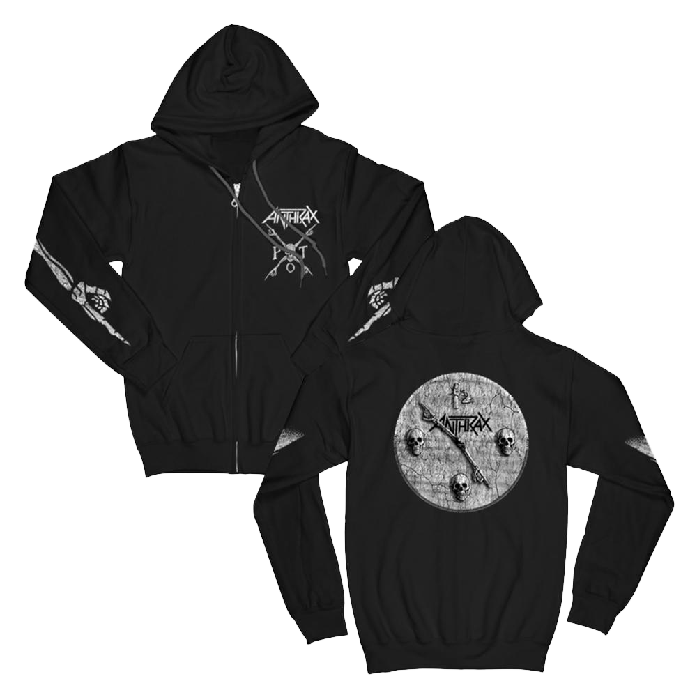 A black zip hoodie with 'Persistence of Time' and 'Anthrax' logo on the front, a distressed clock design on the back, and skeleton hands on the sleeves.