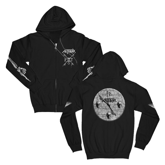 A black zip hoodie with 'Persistence of Time' and 'Anthrax' logo on the front, a distressed clock design on the back, and skeleton hands on the sleeves.