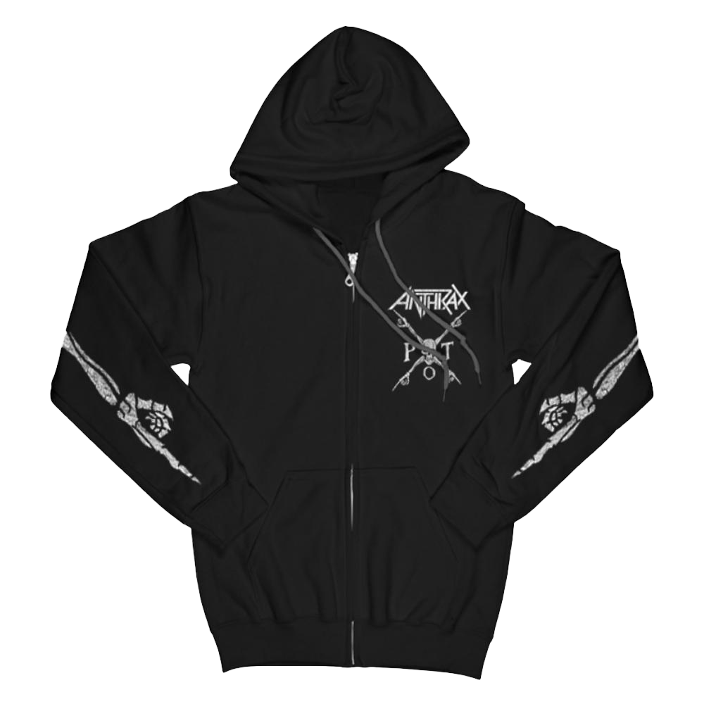 A black zip hoodie with 'Persistence of Time' and 'Anthrax' logo on the front, a distressed clock design on the back, and skeleton hands on the sleeves.