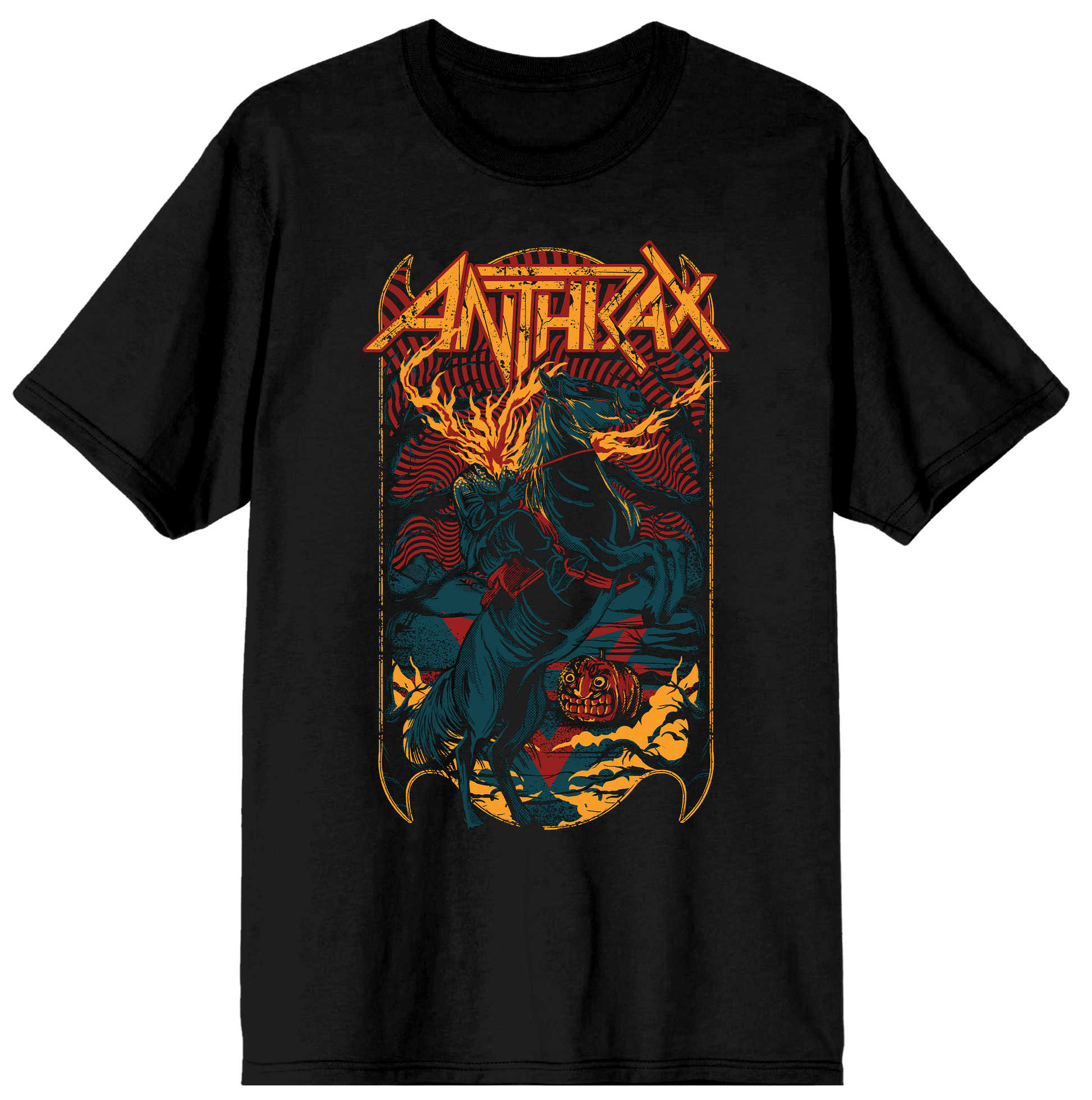 Black t-shirt with colorful graphic design and 'Anthrax' logo on a white background
