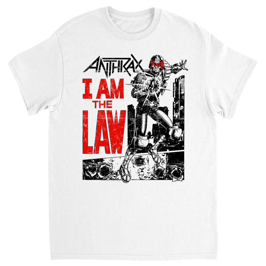 The "I Am the Law" Tee pays homage to the legendary track inspired by Judge Dredd, and inspired by Anthrax’s groundbreaking album Among the Living. Featuring bold, distressed artwork of Judge Dredd with striking red text, this white tee screams rebellion and justice, just like the song itself.

100% Preshrunk Cotton
Unisex Fit
Screenprinted Design

Please note this item will be printed and arrive separate from the other items in your order.