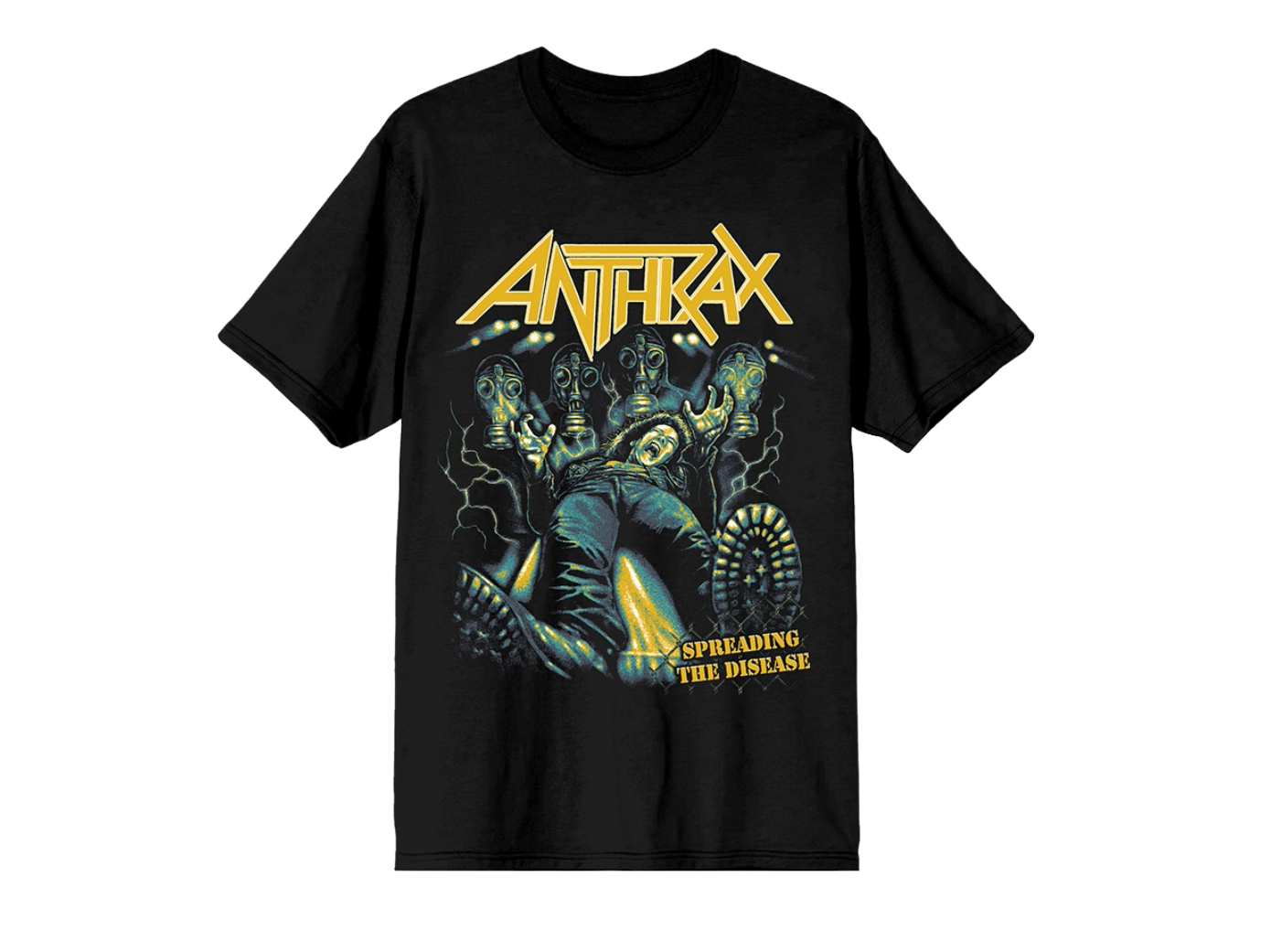 Black t-shirt with Anthrax band graphic and text on a white background
