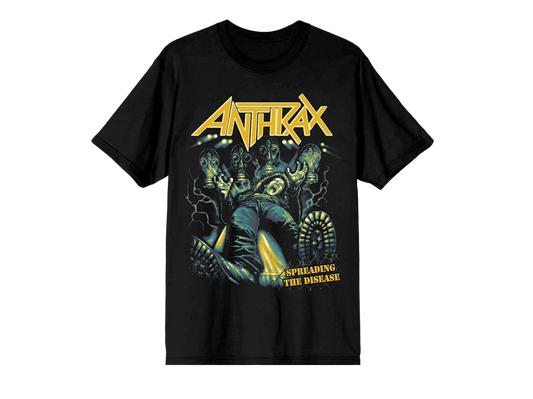 Black t-shirt with Anthrax band graphic and text on a white background