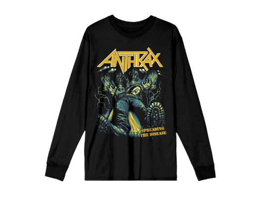 Black long-sleeve shirt with Anthrax graphic design on a white background
