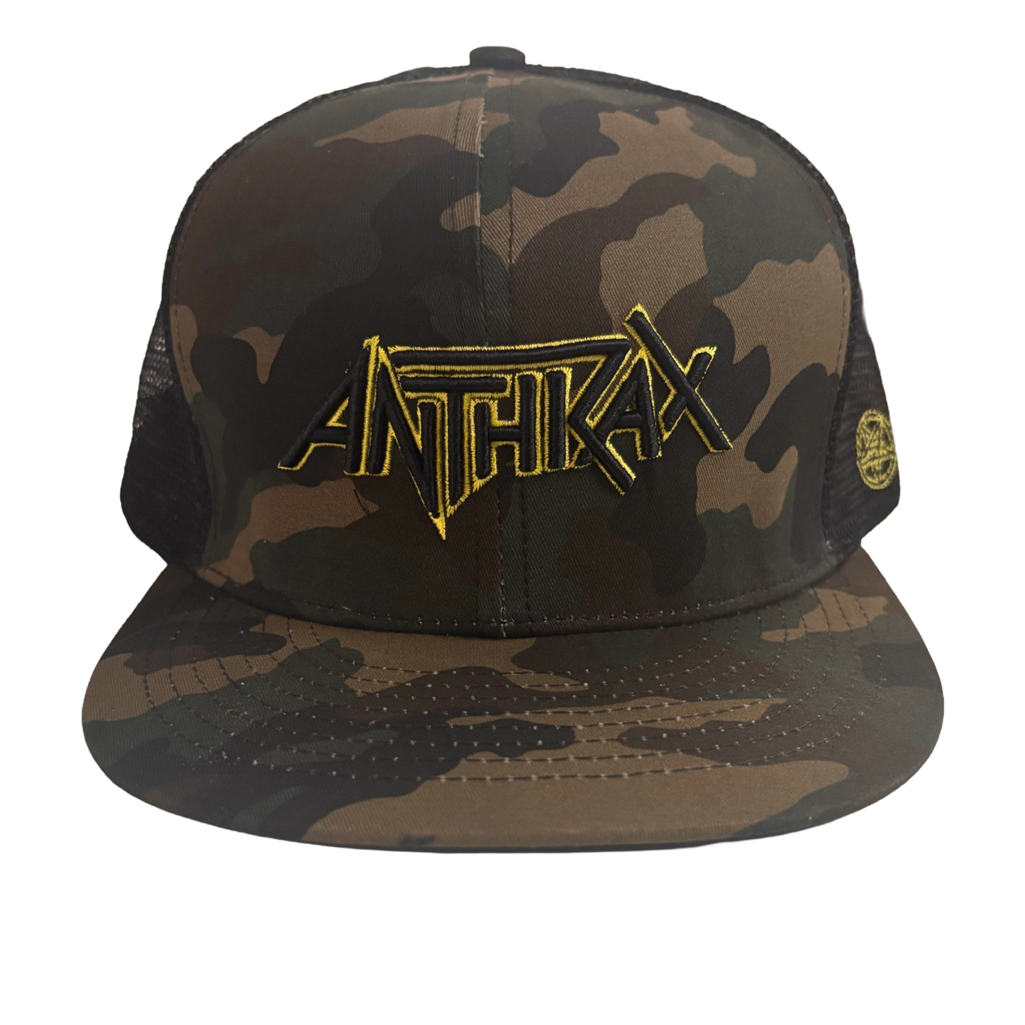 Camouflage cap with gold logo on a white background.