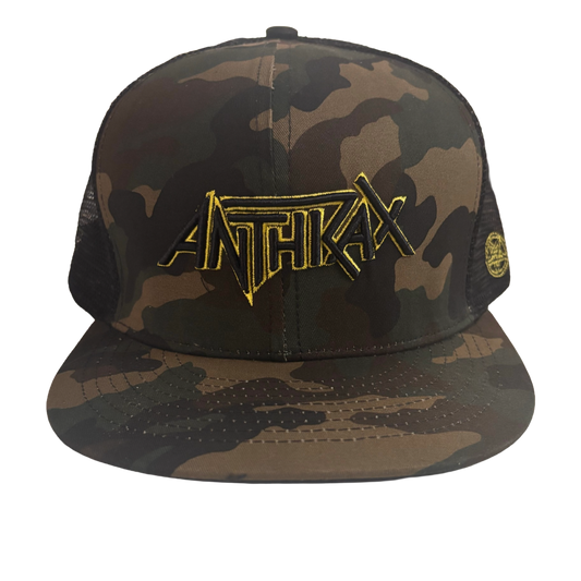 Camouflage cap with gold logo on a white background. 