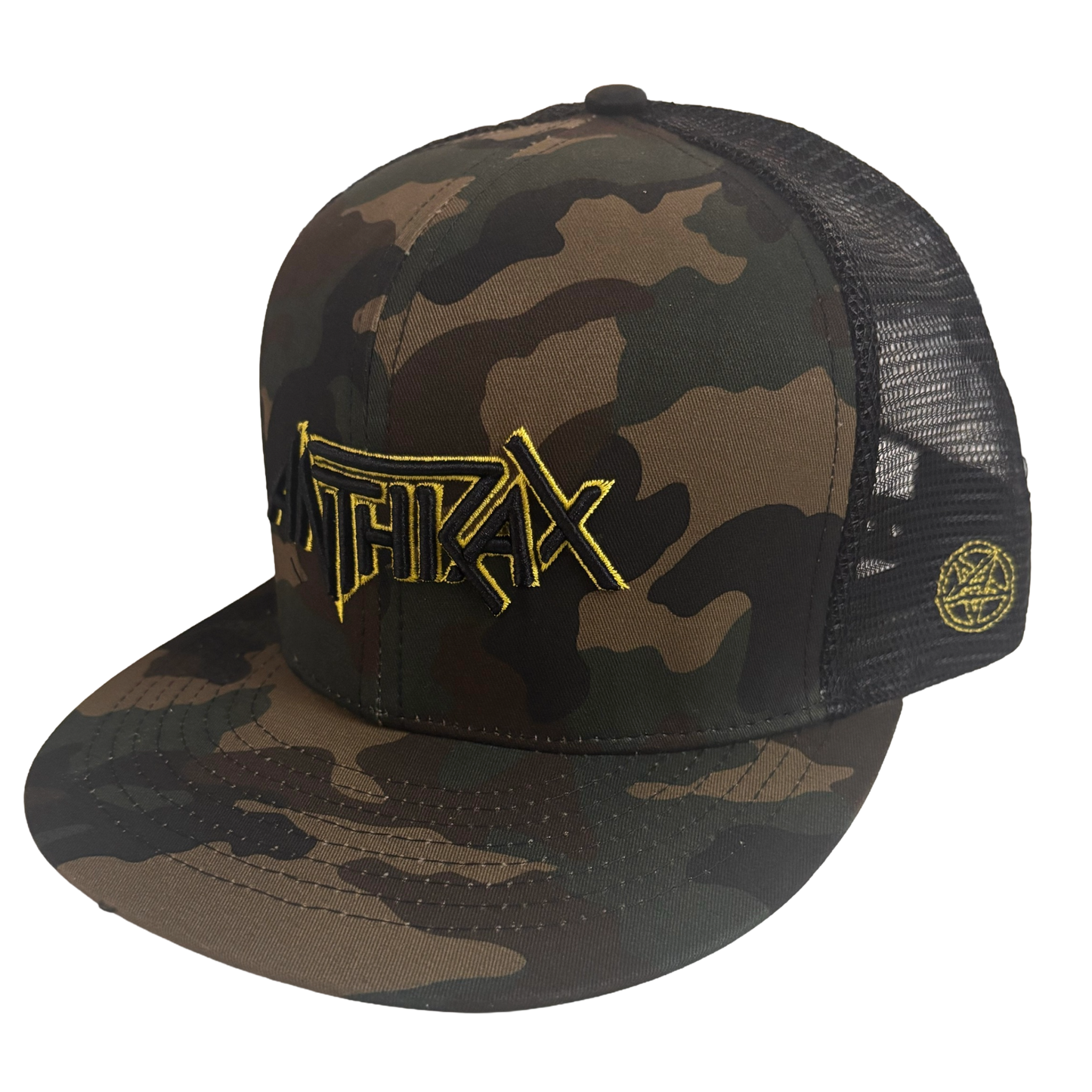 Camouflage cap with yellow logo on a white background