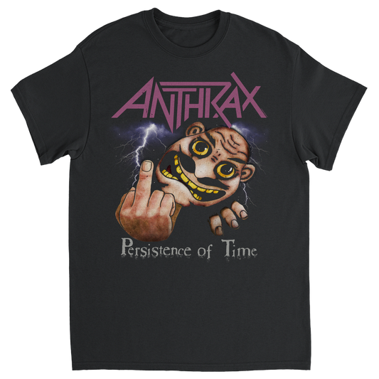 Black t-shirt with Anthrax logo and graphic design on a white background