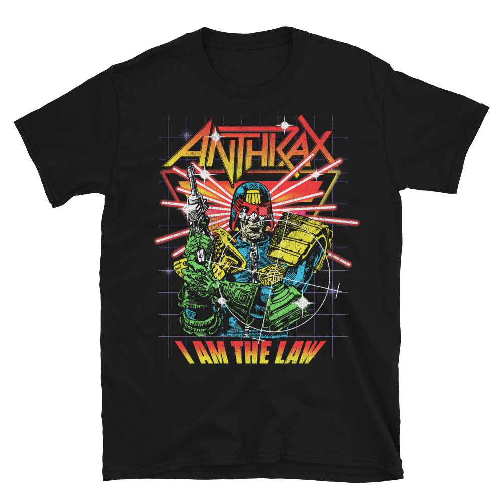 A black short-sleeve crewneck t-shirt featuring a retro sci-fi graphic of Judge Dredd with the text 'ANTHRAX' above and 'I AM THE LAW' below, displayed on a clean white background.