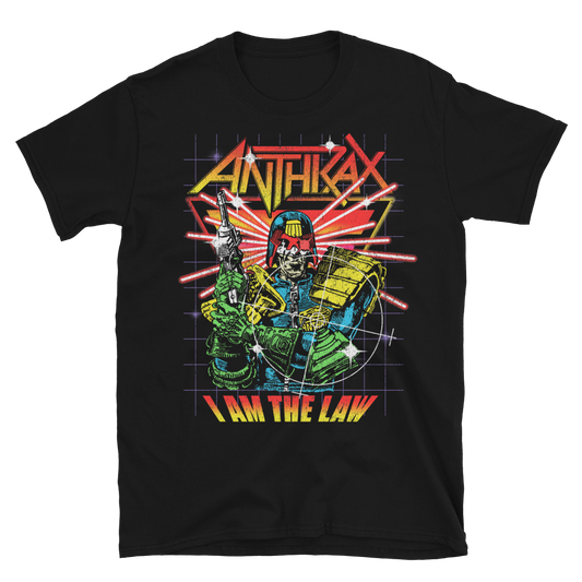 A black short-sleeve crewneck t-shirt featuring a retro sci-fi graphic of Judge Dredd with the text 'ANTHRAX' above and 'I AM THE LAW' below, displayed on a clean white background.