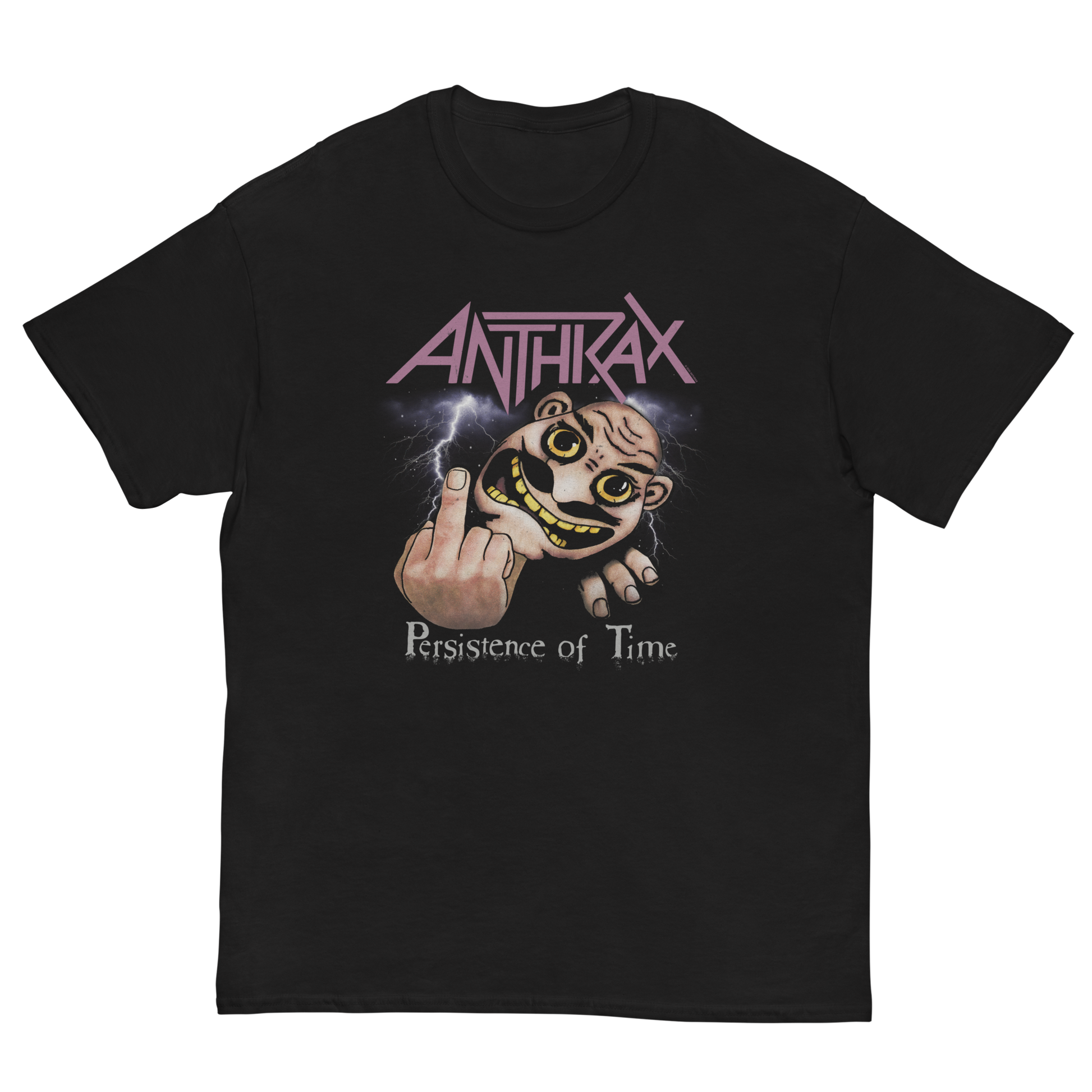 Black t-shirt with Anthrax band logo and graphic design on a white background