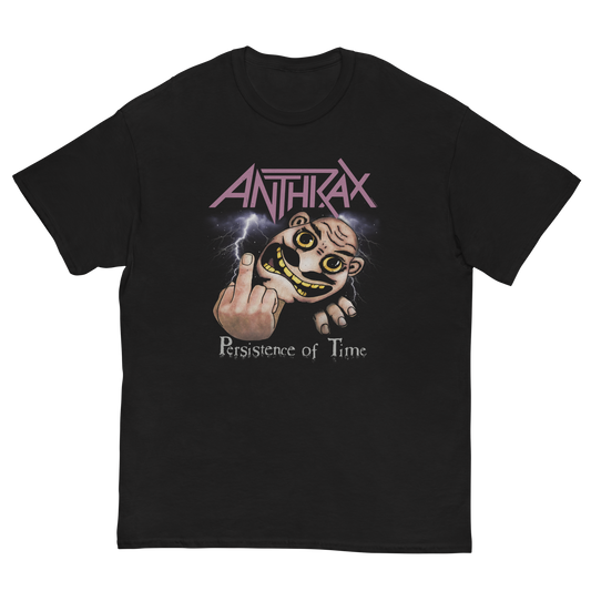 Black t-shirt with Anthrax band logo and graphic design on a white background