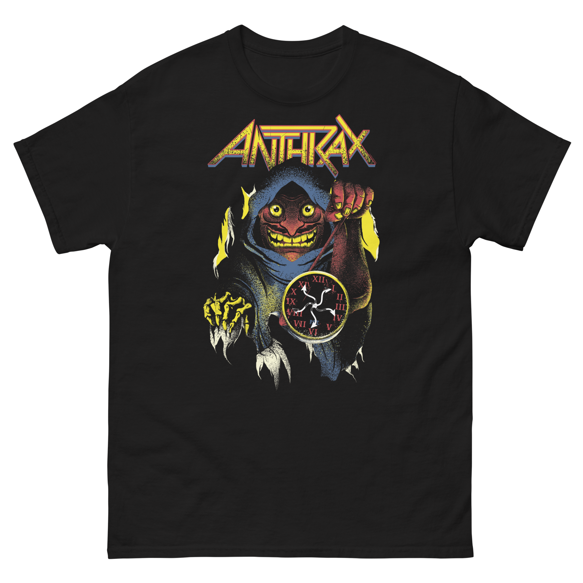 Black t-shirt with Anthrax band logo and creature graphic on a white background