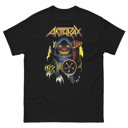 Black t-shirt with Anthrax band logo and creature graphic on a white background