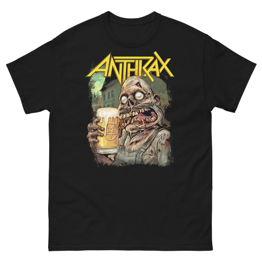Black t-shirt with a graphic design of a zombie holding a beer and the word 'Anthrax' on a white background.