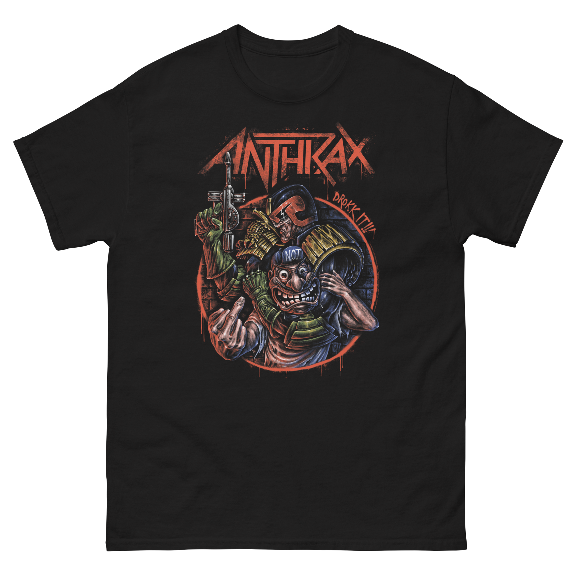 The Drokk It Tee features a high-energy illustration of the Notman, in his most unhinged form, brandishing a weapon alongside chaotic, colorful imagery. 