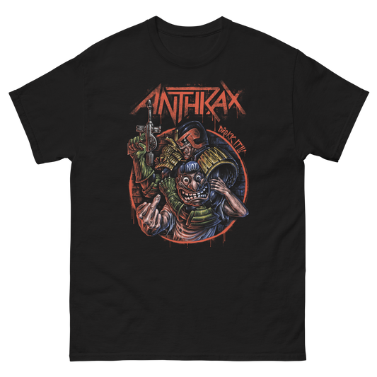 The Drokk It Tee features a high-energy illustration of the Notman, in his most unhinged form, brandishing a weapon alongside chaotic, colorful imagery. 