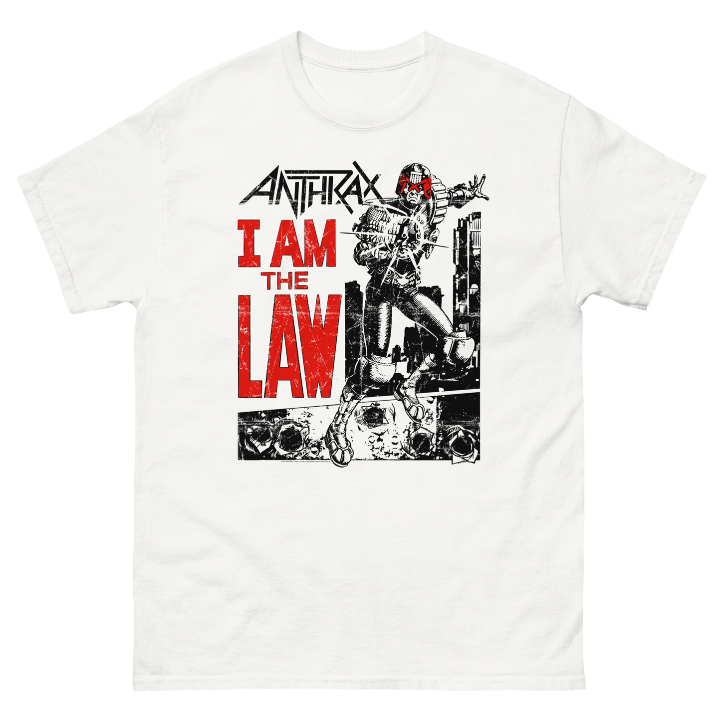 White t-shirt with Anthrax graphic and 'I Am the Law' text on a white background
