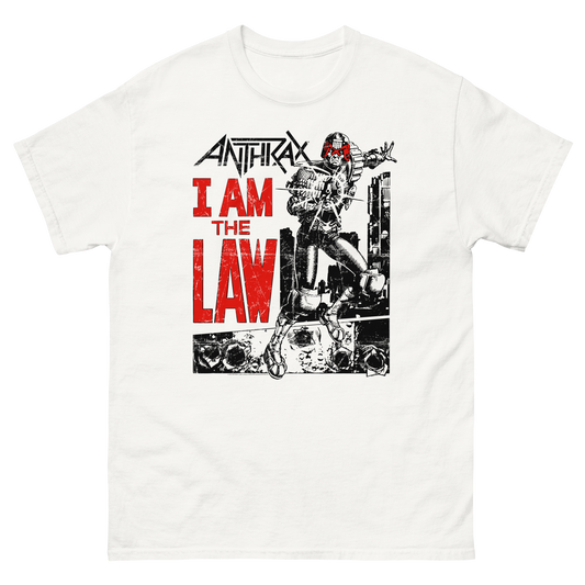 White t-shirt with Anthrax graphic and 'I Am the Law' text on a white background